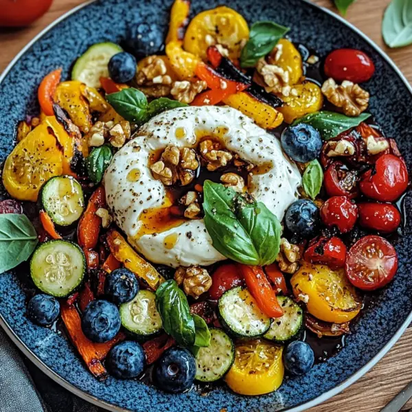 Burrata-Salat mit Ofengemüse und Blaubeeren