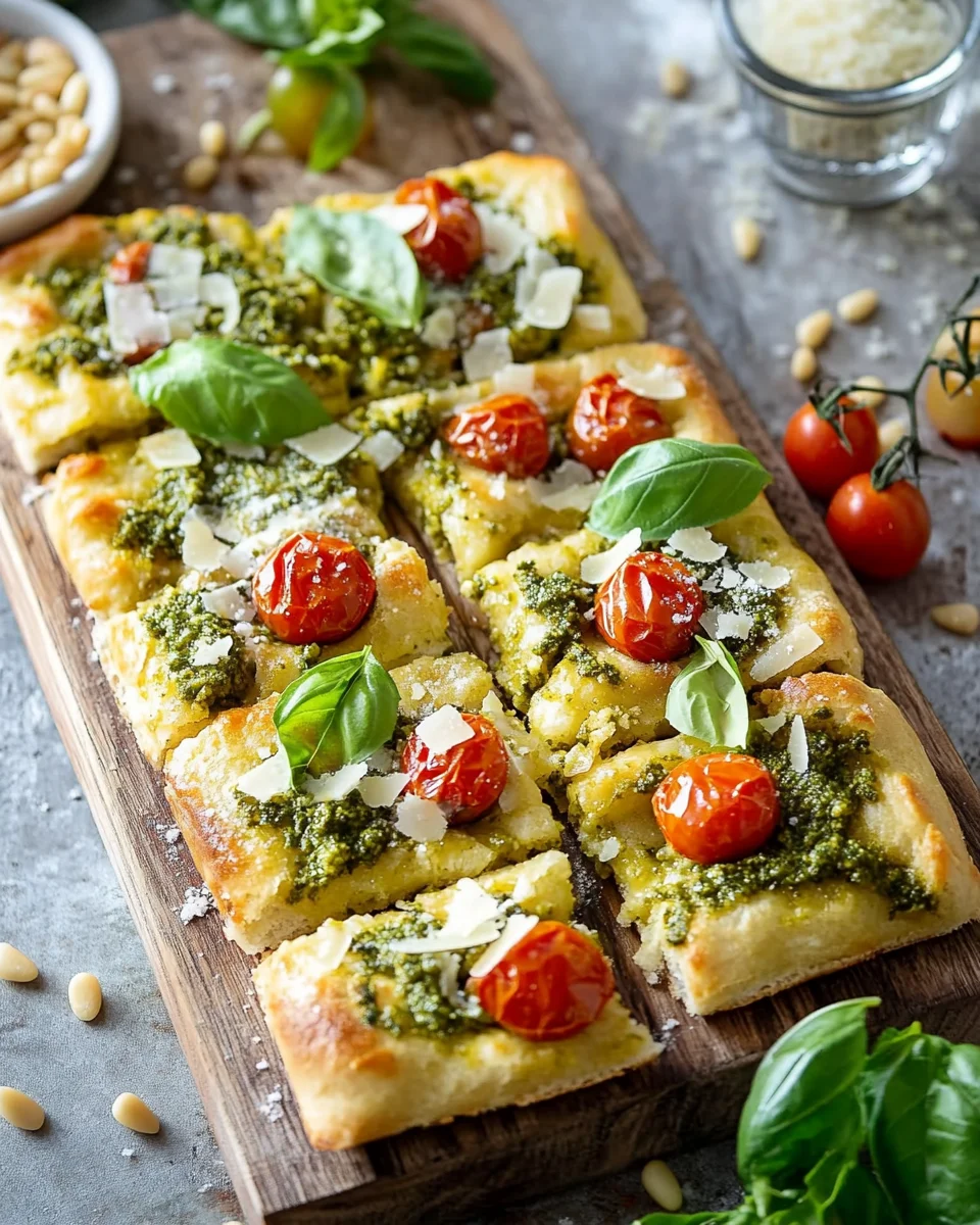 Die beste Focaccia mit Pesto und Tomaten
