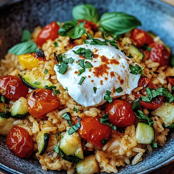 Mediterrane Reispfanne mit Burrata