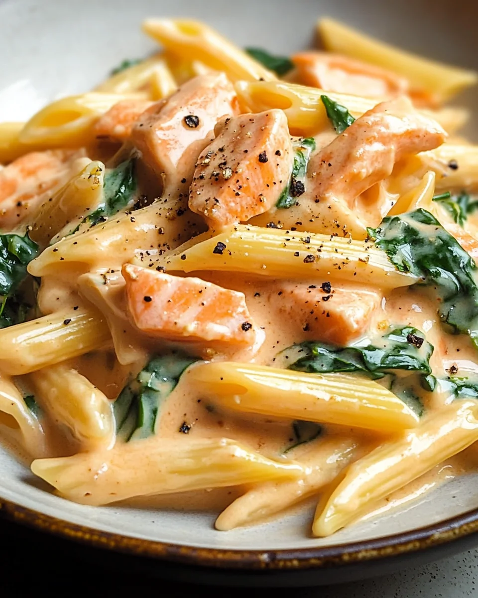 Penne in Lachs-Sahne-Sauce mit Spinat 25 Penne