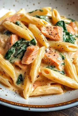 Penne in Lachs-Sahne-Sauce mit Spinat
