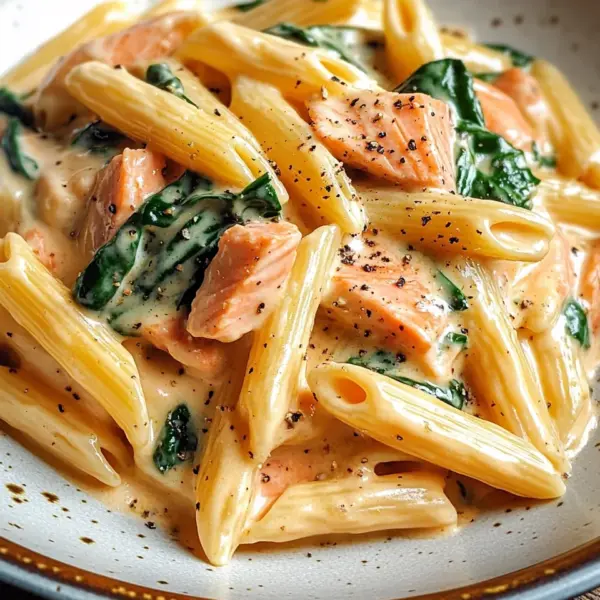 Penne in Lachs-Sahne-Sauce mit Spinat