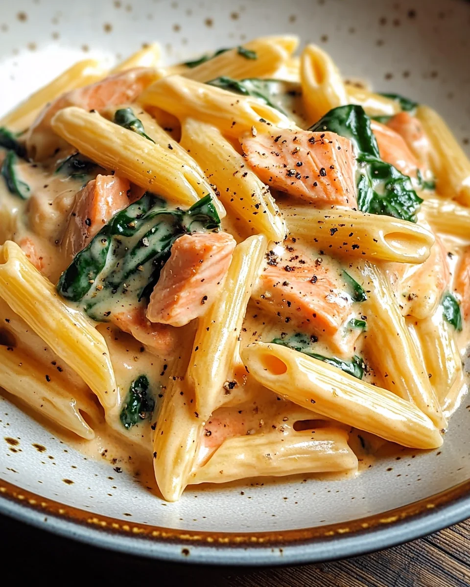 Penne in Lachs-Sahne-Sauce mit Spinat 27 Penne in Lachs-Sahne-Sauce mit Spinat