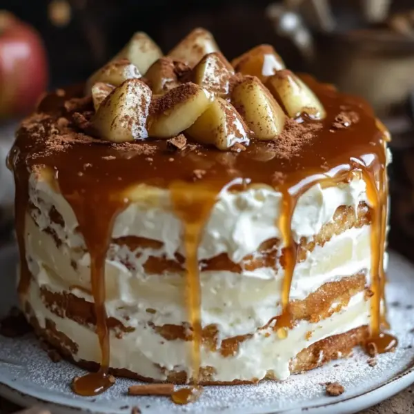 Bratapfeltorte mit Orangen-Zimt-Creme und Karamell-Drip