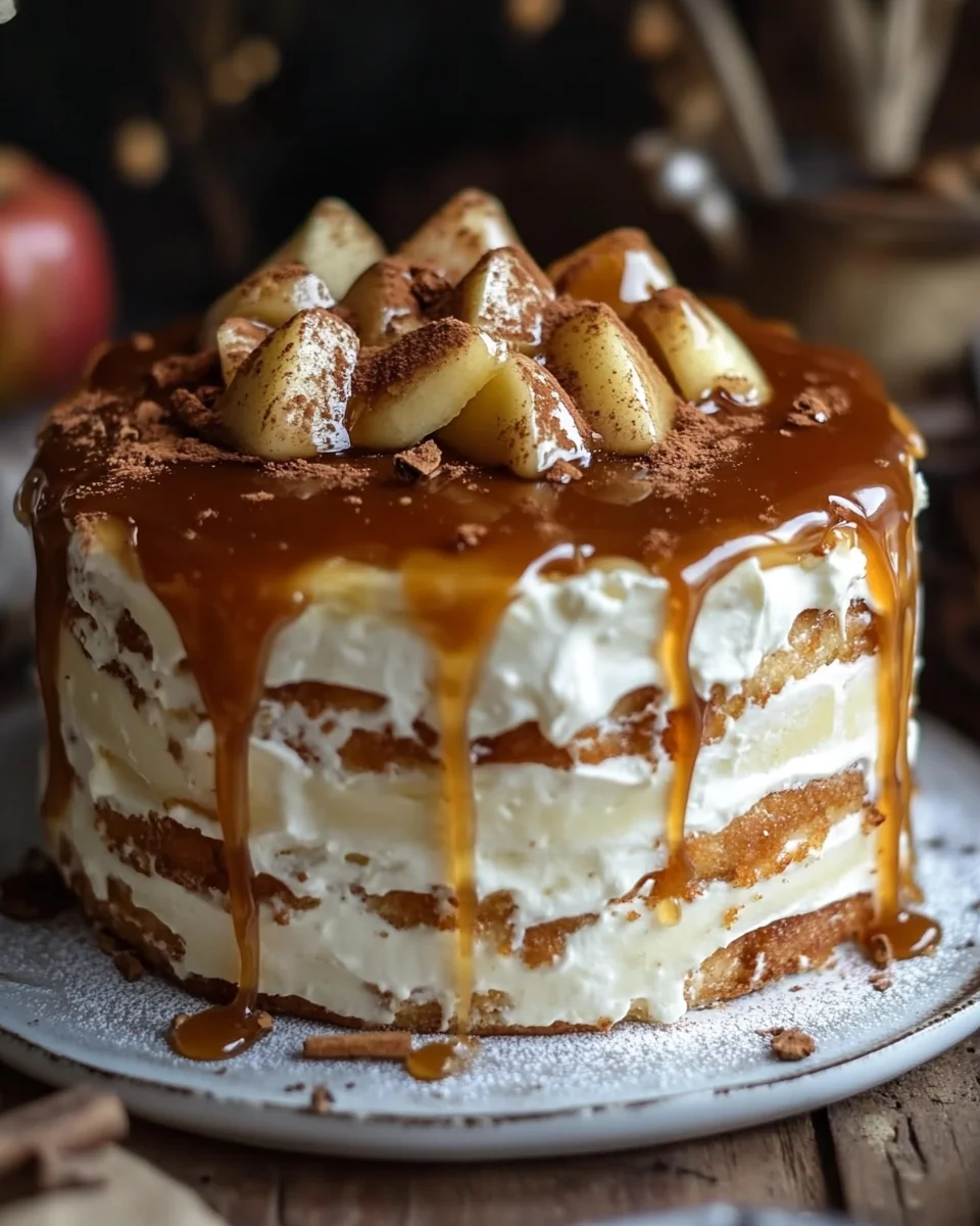 Bratapfeltorte mit Orangen-Zimt-Creme und Karamell-Drip