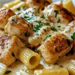 Cremiges Knoblauchbutter-Huhn und Rigatoni in Parmesan-So&szlig;e