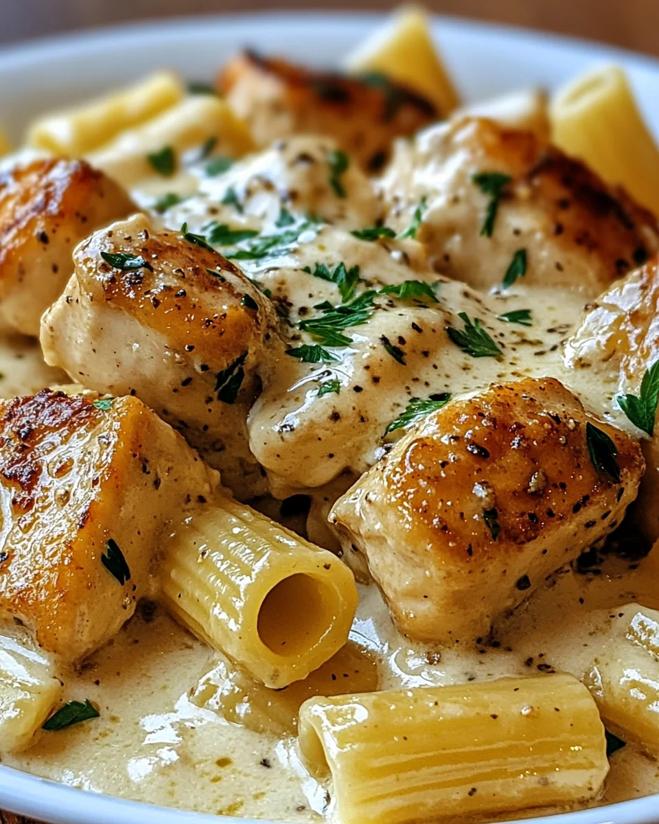 Cremiges Knoblauchbutter-Huhn und Rigatoni in Parmesan-Soße