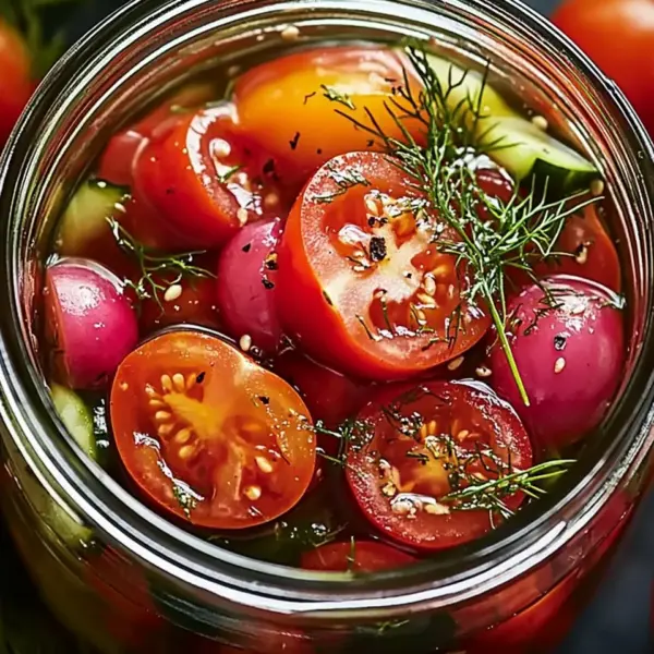 Eingelegte Kirschtomaten, Rote Zwiebeln und Gurken