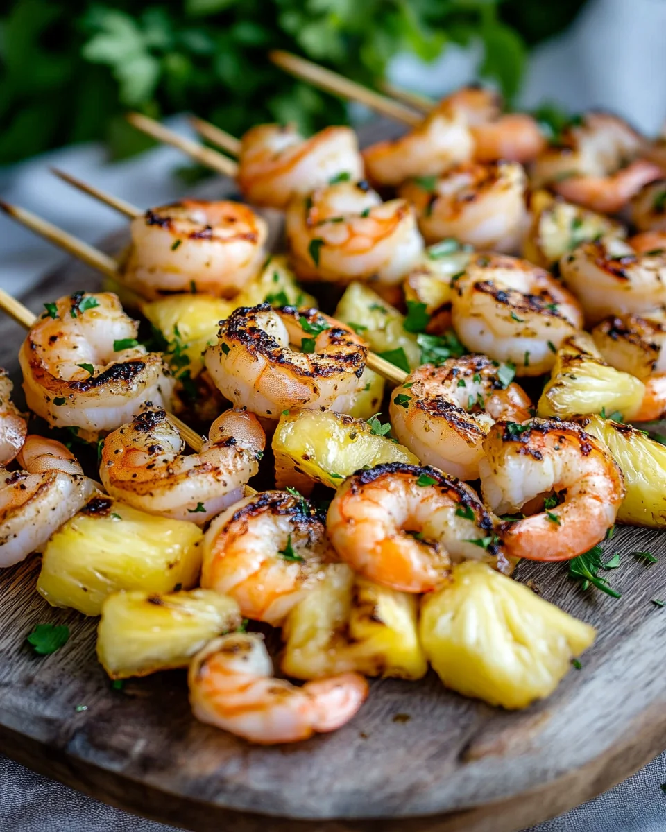 Gegrillte Garnelenspieße mit Ananas in Öl und Knoblauchsoße 17 Gegrillte
