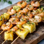 Gegrillte Garnelenspie&szlig;e mit Ananas in &Ouml;l und Knoblauchso&szlig;e
