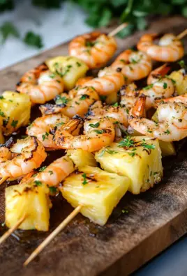 Gegrillte Garnelenspieße mit Ananas in Öl und Knoblauchsoße