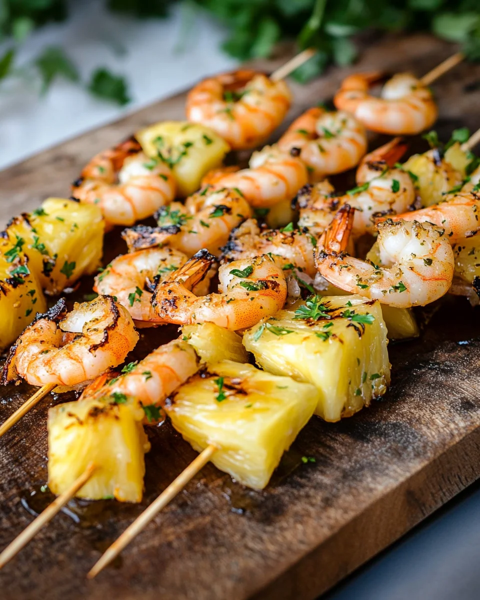 Gegrillte Garnelenspieße mit Ananas in Öl und Knoblauchsoße