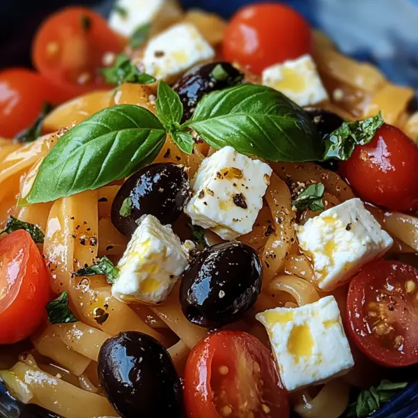 Griechische Reisnudeln mit Tomaten, Feta und Oliven
