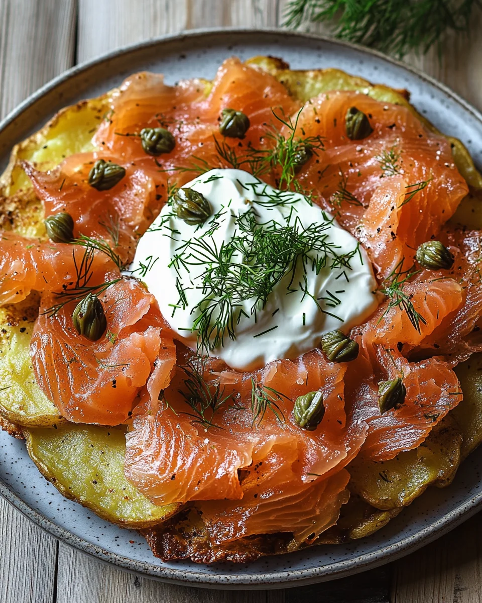 Knusprige Kartoffelgalette mit Räucherlachs und Crème Fraîche