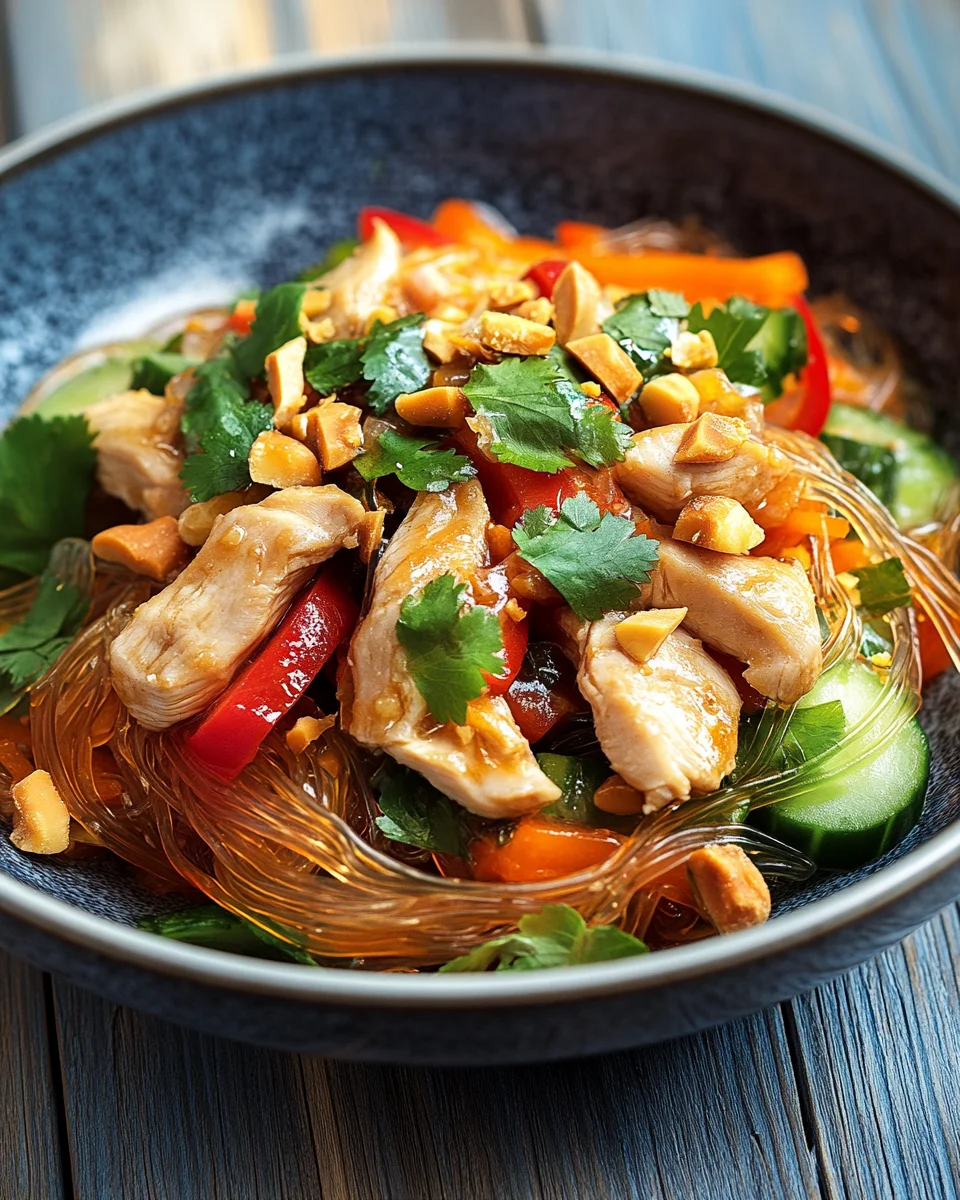 Lauwarmer Glasnudelsalat mit Erdnusshähnchen