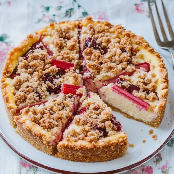 Rhabarber-Cheesecake mit Streuseln