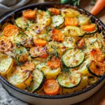 Vegetarischer Kartoffelauflauf mit Zucchini, Karotten und Zwiebeln