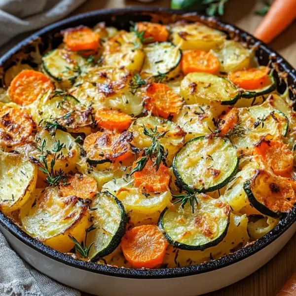 Vegetarischer Kartoffelauflauf mit Zucchini, Karotten und Zwiebeln