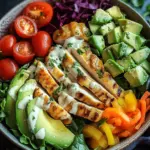 Bunte Salat Bowl mit Avocado, H&auml;hnchen und Knoblauchdressing