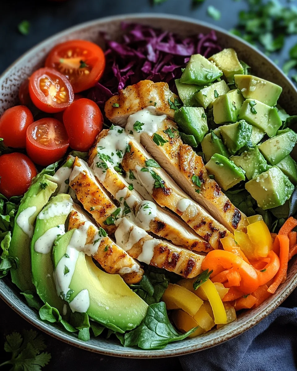 Bunte Salat Bowl mit Avocado, H&auml;hnchen und Knoblauchdressing