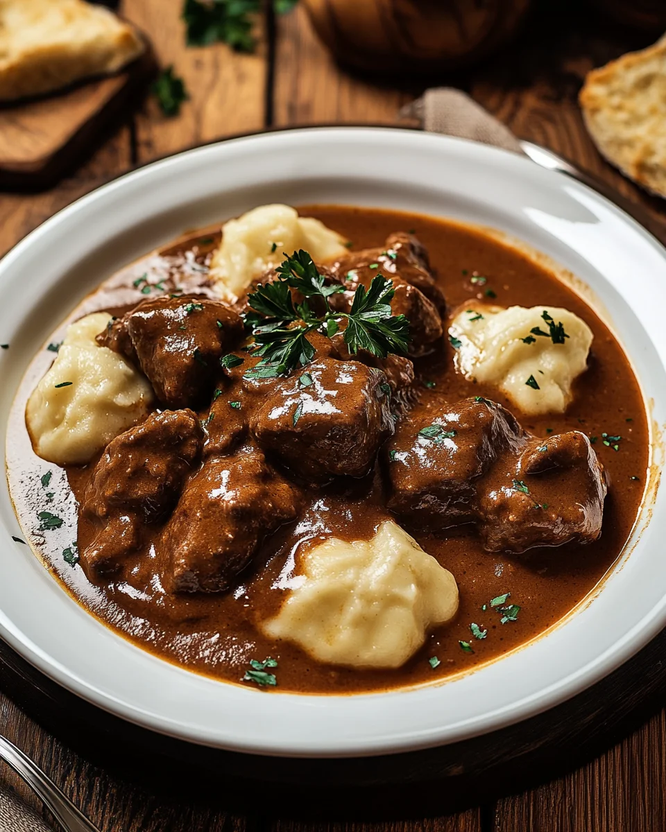 Butterzartes Rahmgulasch mit Serviettenknödel