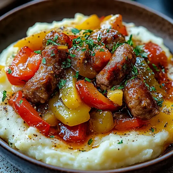 Cremige Wurst und Paprika auf Kartoffelpüree