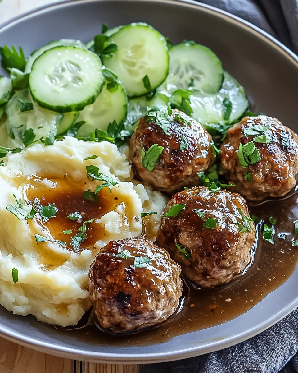 Fleischbällchen mit Gurkensalat und Kartoffelstampf 16 Fleischbällchen