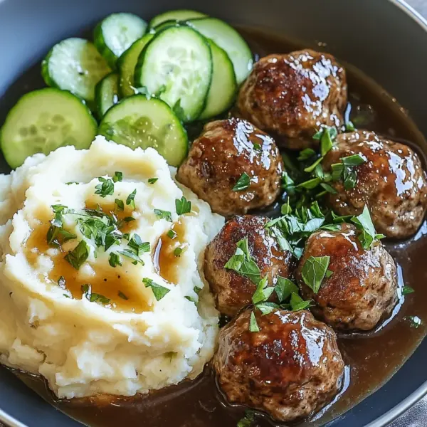 Fleischbällchen mit Gurkensalat und Kartoffelstampf