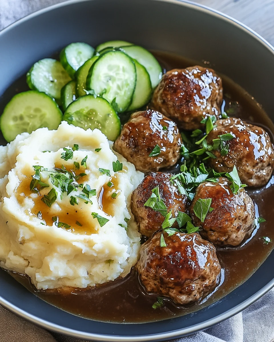 Fleischbällchen mit Gurkensalat und Kartoffelstampf 18 Fleischbällchen mit Gurkensalat und Kartoffelstampf