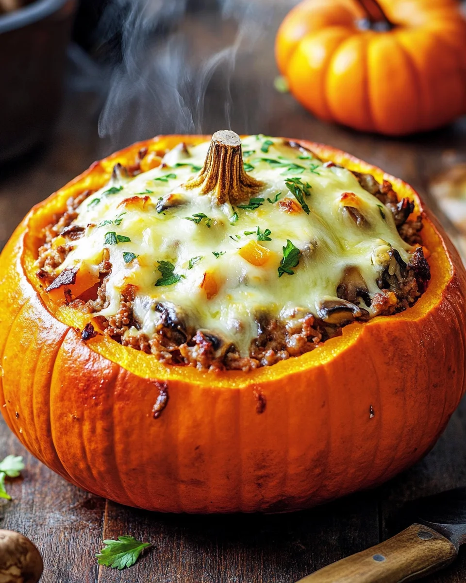 Gefüllter Kürbis mit Fleisch, Champignons, Paprika und Käse aus dem Ofen 22 Gefüllter