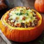 Gef&uuml;llter K&uuml;rbis mit Fleisch, Champignons, Paprika und K&auml;se aus dem Ofen