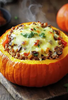Gefüllter Kürbis mit Fleisch, Champignons, Paprika und Käse aus dem Ofen 5 Gefüllter Kürbis mit Fleisch, Champignons, Paprika und Käse aus dem Ofen