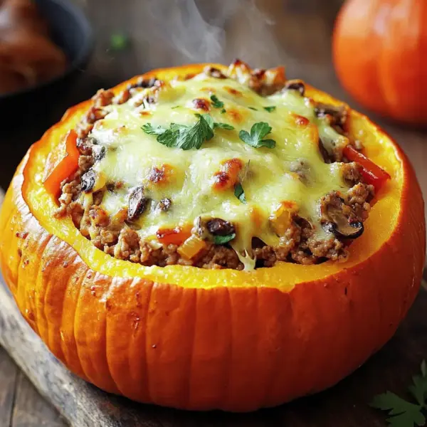 Gefüllter Kürbis mit Fleisch, Champignons, Paprika und Käse aus dem Ofen