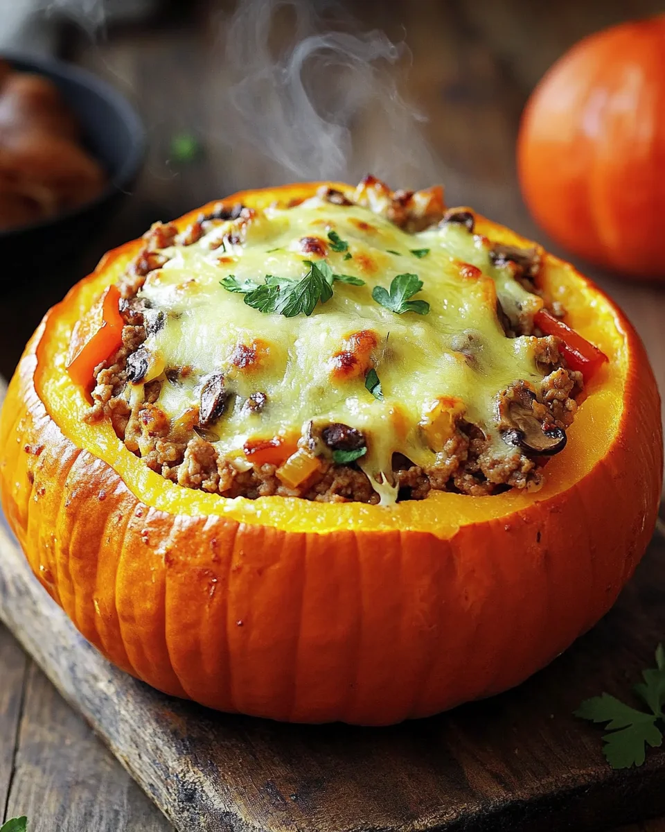 Gefüllter Kürbis mit Fleisch, Champignons, Paprika und Käse aus dem Ofen 24 Gefüllter Kürbis mit Fleisch, Champignons, Paprika und Käse aus dem Ofen