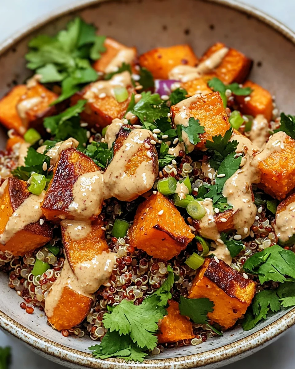 Ger&ouml;steter S&uuml;&szlig;kartoffel-Quinoa-Salat mit Sesam-Miso-Sauce