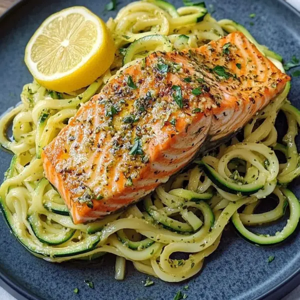 Kräuterlachs auf Zucchinipasta