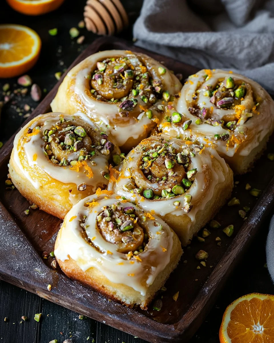 Lockere Pistazien-Heferollen mit Orangen-Frischkäse-Frosting 30 Lockere Pistazien-Heferollen mit Orangen-Frischkäse-Frosting