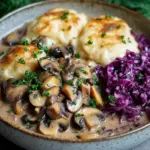 Pilz-Maronen Ragout mit Ofenkn&ouml;deln und Rotkraut
