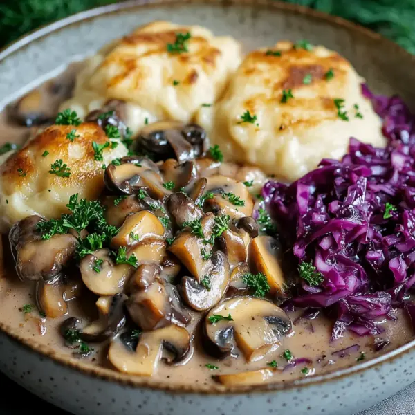 Pilz-Maronen Ragout mit Ofenknödeln und Rotkraut