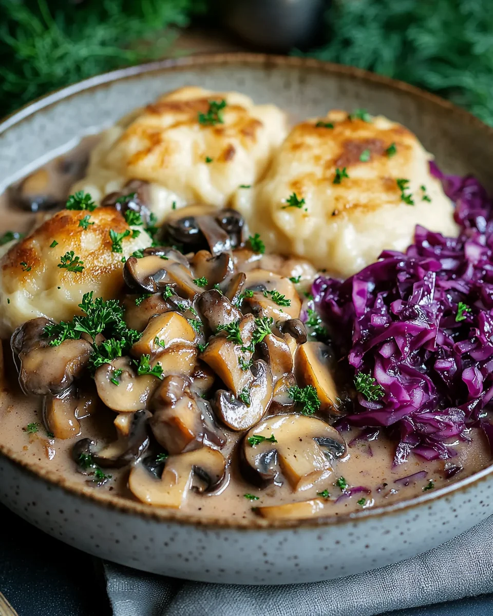 Pilz-Maronen Ragout mit Ofenkn&ouml;deln und Rotkraut