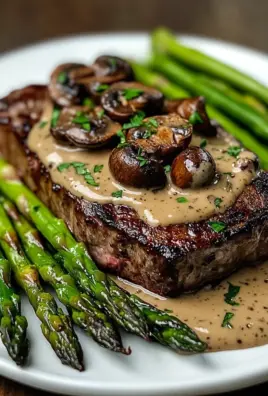 Ribeye Steak with Creamy Mushroom Sauce and Asparagus