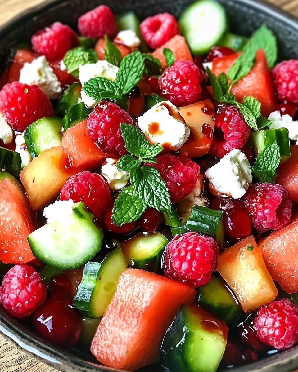 Sommersalat mit Melone, Gurke und Himbeeren 19 Sommersalat