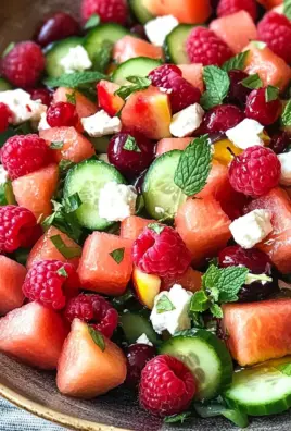 Sommersalat mit Melone, Gurke und Himbeeren