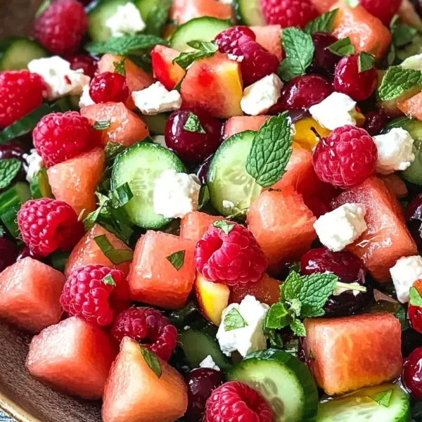 Sommersalat mit Melone, Gurke und Himbeeren