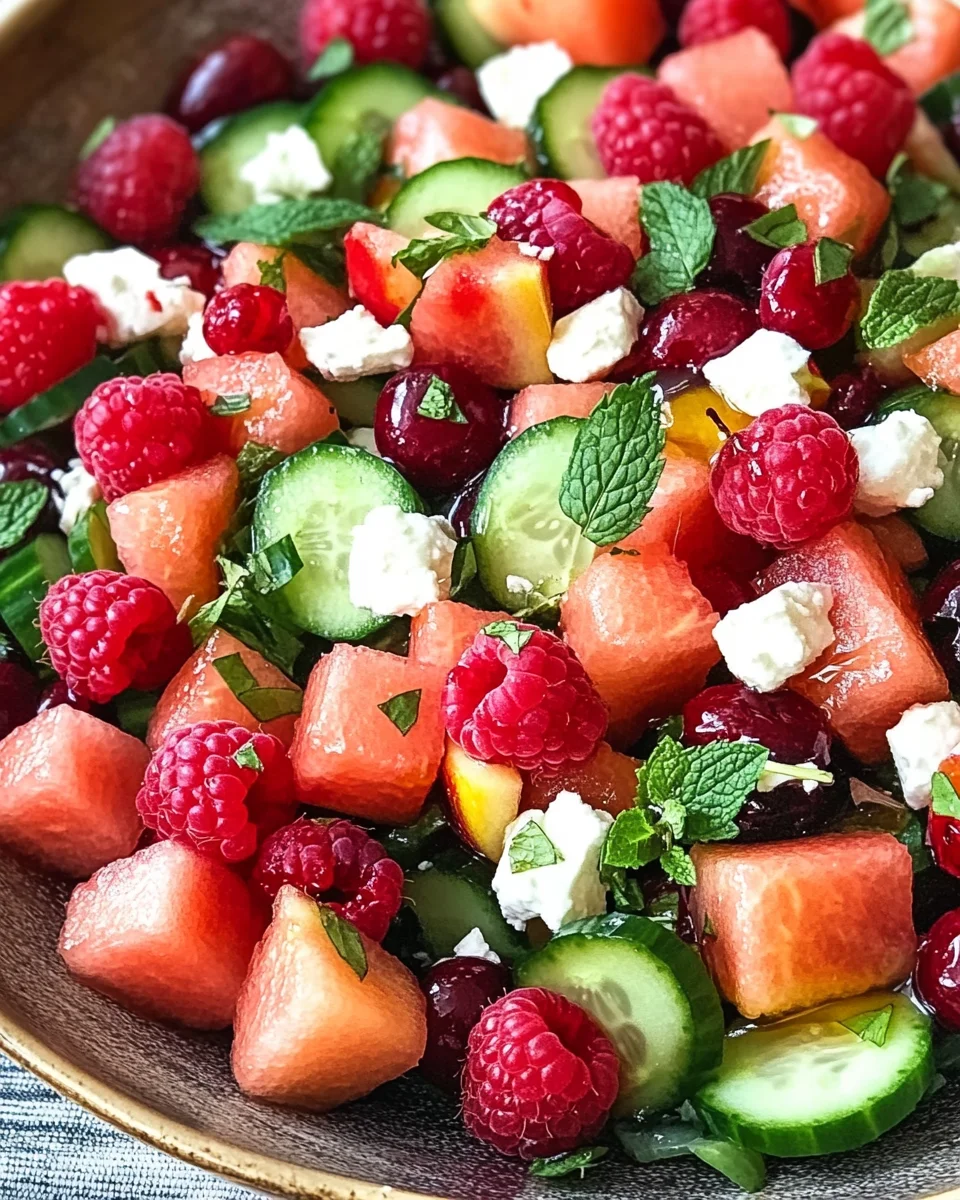 Sommersalat mit Melone, Gurke und Himbeeren 21 Sommersalat mit Melone, Gurke und Himbeeren