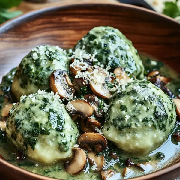 Spinat-Knödel mit Pilzragout
