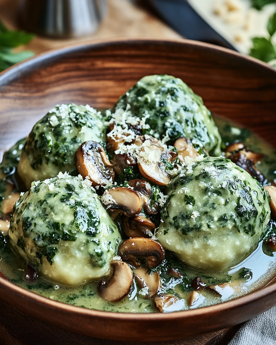 Spinat-Knödel mit Pilzragout