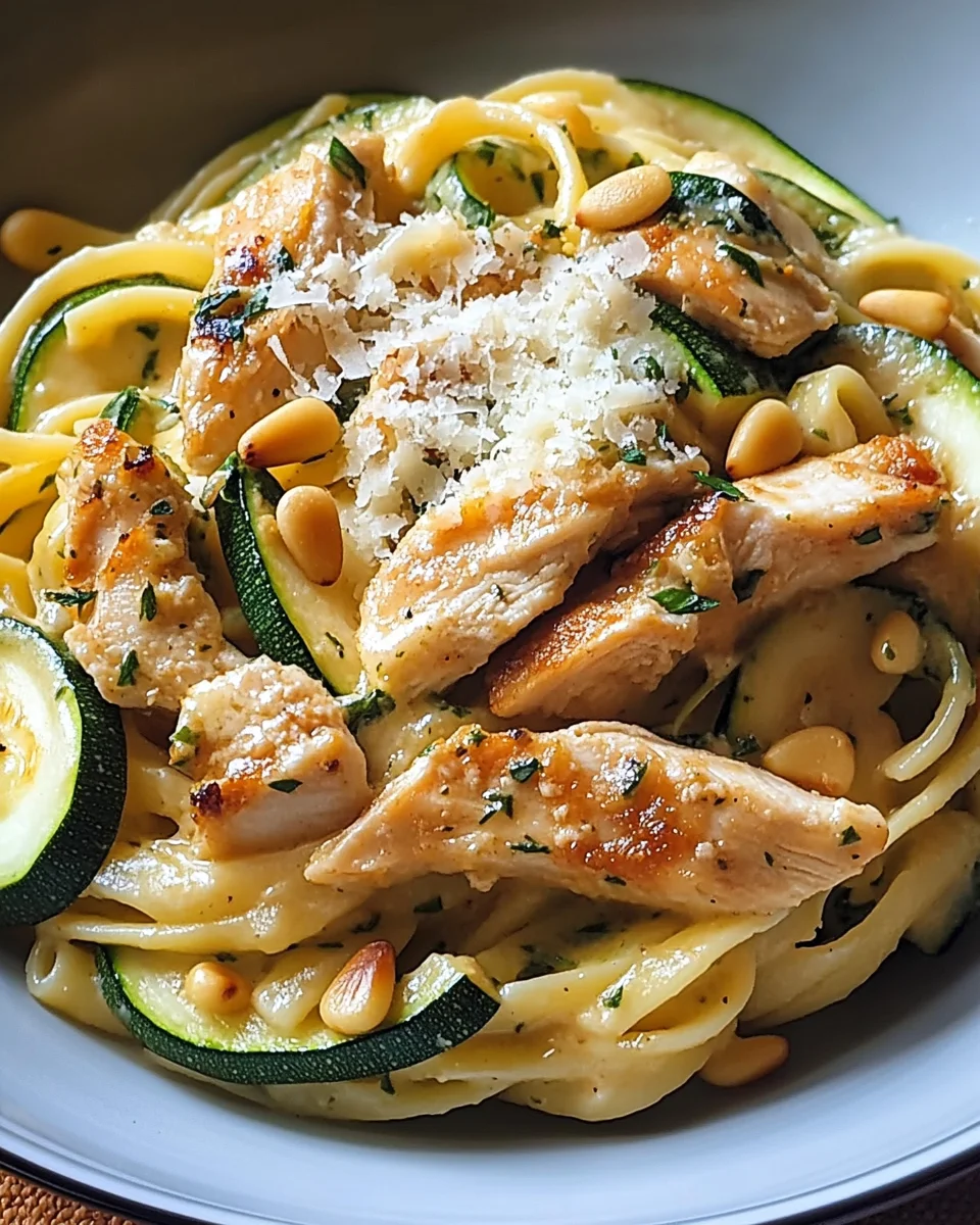 Zucchini Parmesan Pasta mit Hähnchen und Pinienkernen 20 Zucchini