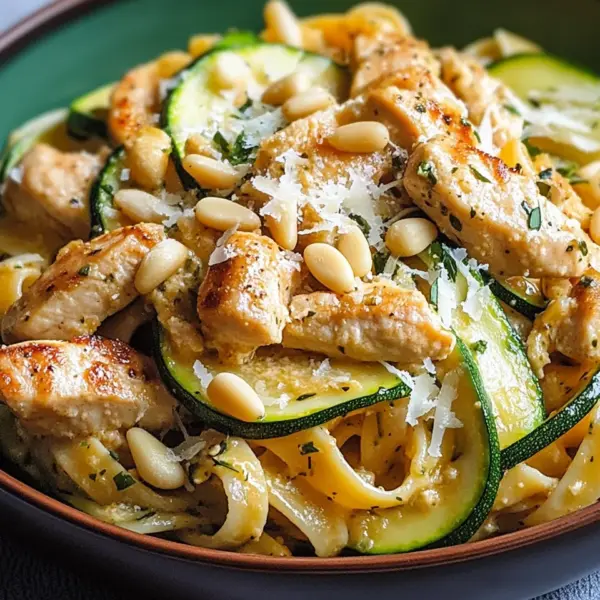 Zucchini Parmesan Pasta mit Hähnchen und Pinienkernen