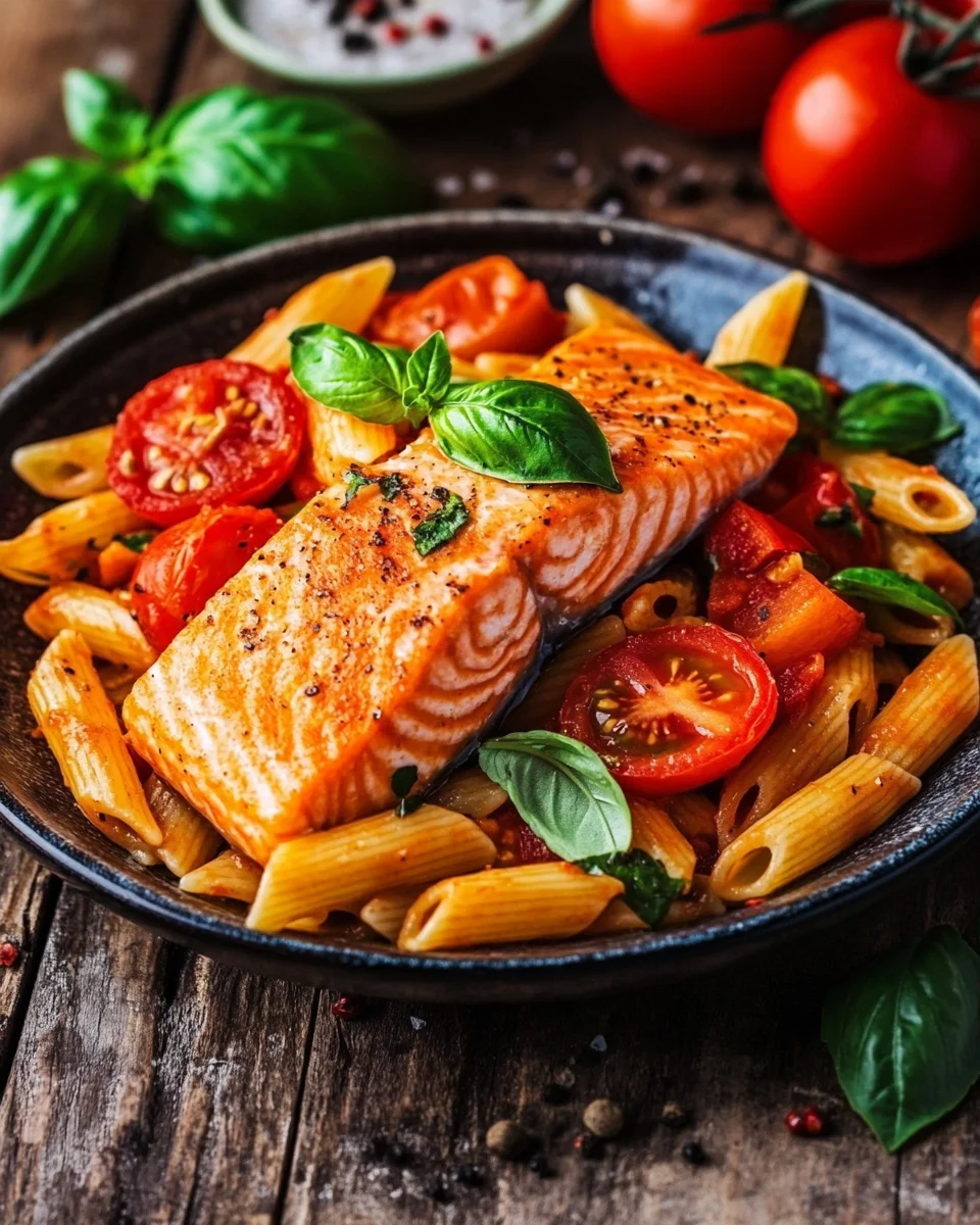 Ofen-Lachs-Pasta mit Tomaten